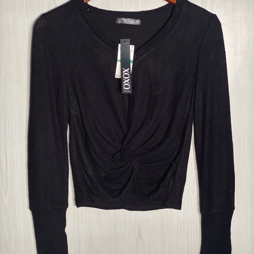 XOXO Cropped Twist Front V-Neck Sweater